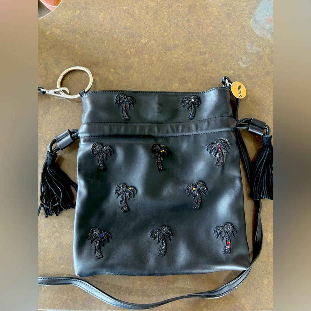 Black Leather Crossbody Bag with Embroidered Palm Trees
